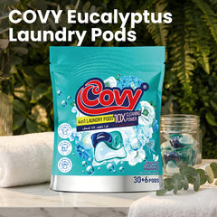 COVY Eucalyptus Laundry Pods 36 pods (30+6 FREE) · Double Layer, 4 Chambers · 8x Cleaning Power · Forest Freshness